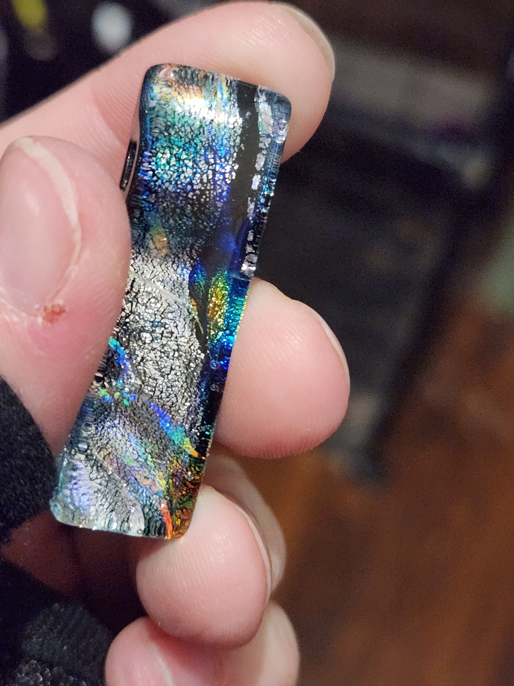 Dichroic Glass Large Rectangular Bead - Blue, Silver, Red, and Green - Picture 5 of 6